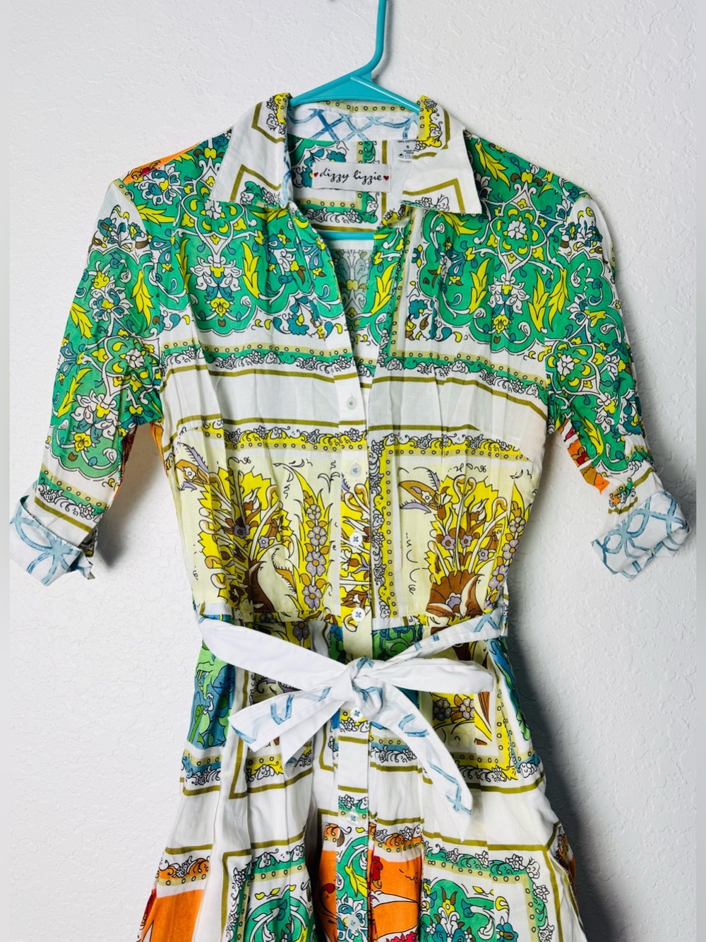 Dizzy Lizzie Dress Size Small printed Multicolor Patchwork Belted Cotton - Picture 3 of 9